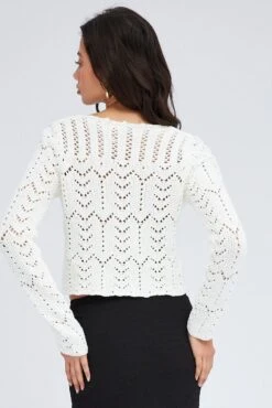 White Round Neck Long Sleeve Crochet Knit Cardigan -Modern Fashion Shop kn1563 40j white 5