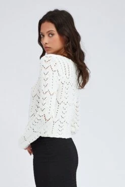 White Crochet Knit Cardigan Long Sleeve Round Neck -Modern Fashion Shop kn1563a 40j white 4