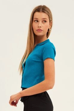 Blue Collar Knit Crop Cardigan Short Sleeve -Modern Fashion Shop kn1594a 40jb ocean 4