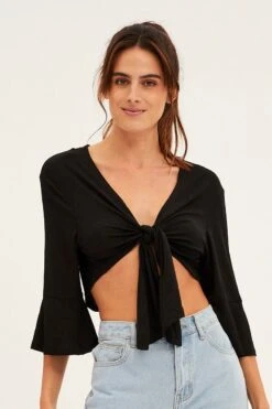Black Crop Cardigan Tie Up -Modern Fashion Shop kn1679 81jb black 3
