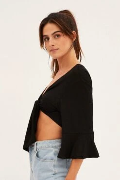Black Crop Cardigan Tie Up -Modern Fashion Shop kn1679 81jb black 4