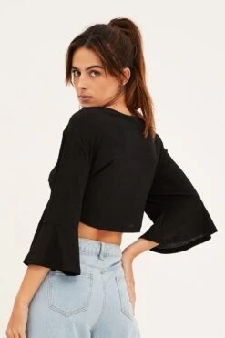 Black Crop Cardigan Tie Up -Modern Fashion Shop kn1679 81jb black 5