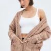 Camel Longline Cable Knit Cardigan