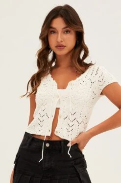 White Knit Cardigan Short Sleeve -Modern Fashion Shop kn1766 40jb white 3