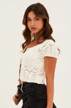 White Knit Cardigan Short Sleeve -Modern Fashion Shop kn1766 40jb white 4