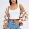 Beige Check Oversized Cardigan
