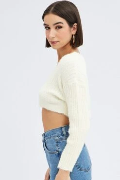 White Crop Knit Cardigan V Neck -Modern Fashion Shop kn2051 41jb white 4