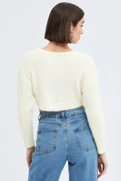 White Crop Knit Cardigan V Neck -Modern Fashion Shop kn2051 41jb white 5