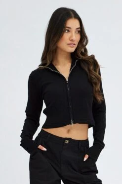 Black Zip Up Cardigan -Modern Fashion Shop kn2064 40jb black 3