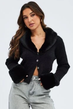 Black Knit Cardigan Fur Trim -Modern Fashion Shop kn2066 41jb black 3