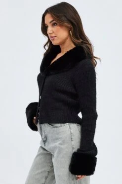 Black Knit Cardigan Fur Trim -Modern Fashion Shop kn2066 41jb black 4
