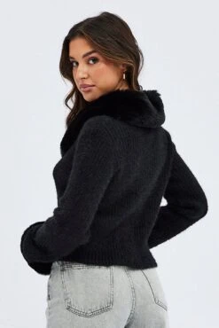 Black Knit Cardigan Fur Trim -Modern Fashion Shop kn2066 41jb black 5
