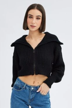 Black Zip Up Crop Cardigan