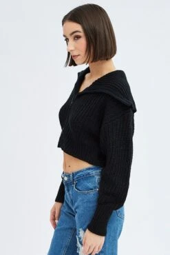 Black Zip Up Crop Cardigan -Modern Fashion Shop kn2122 41jb black 4