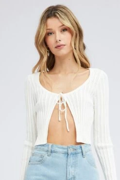 White Tie Up Cardigan Long Sleeve Scoop Neck -Modern Fashion Shop kn2247 40j white 3