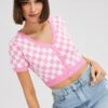 Pink Check Knit Cardigan Short Sleeve -Modern Fashion Shop kn2295 40j check 1
