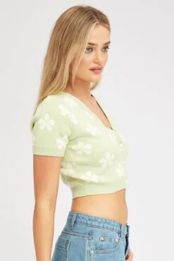 Green Floral Knit Cardigan Short Sleeve -Modern Fashion Shop kn2295a 40jb floral 4