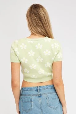 Green Floral Knit Cardigan Short Sleeve -Modern Fashion Shop kn2295a 40jb floral 5