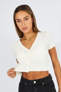 White Knit Cardigan Short Sleeve V Neck -Modern Fashion Shop kn2340 40jb white 3