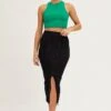 Black Slit Kint Midi Skirt