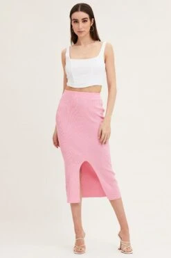 Pink Slit Kint Midi Skirt -Modern Fashion Shop knit skirt pink slit kint midi skirt 32966691553473