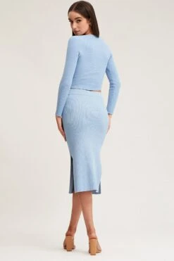 Blue Knit Skirt Midi Side Split -Modern Fashion Shop midi bodycon blue knit skirt midi side split 32966693945537
