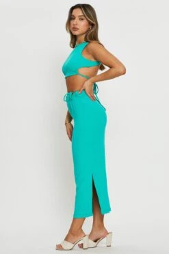 Green Tie Detail Ribbed Midi Skirt -Modern Fashion Shop midi bodycon green tie detail ribbed midi skirt 32966675103937