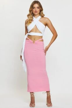 Pink Midi Skirt Rig Detailed Ribbed Jersey -Modern Fashion Shop midi bodycon pink midi skirt rig detailed ribbed jersey 32966700171457