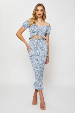 Print Smocking Pencil Midi Skirt