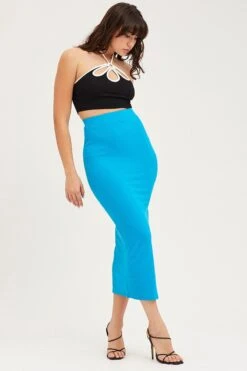Blue Midi Skirt High Rise Ribbed Jersey -Modern Fashion Shop midi pencil blue midi skirt high rise ribbed jersey 32966705545409