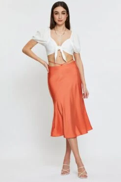 Orange Sarin Waist Tie Slip Midi Skirt -Modern Fashion Shop midi pencil orange sarin waist tie slip midi skirt 32966674481345