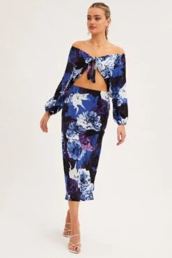 Front Page 34 Abstract Print Slip Skirt Midi Satin