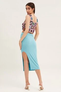 Blue Midi Skirt High Rise Side Split Rib -Modern Fashion Shop midi skirt blue midi skirt high rise side split rib 32981040038081