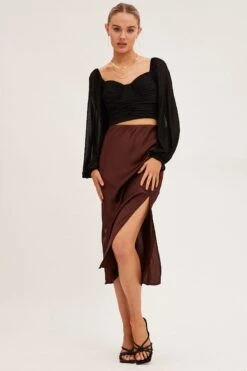 Brown Slip Skirt Midi Front Split Satin -Modern Fashion Shop midi skirt brown slip skirt midi front split satin 33102355923137