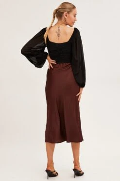 Brown Slip Skirt Midi Front Split Satin -Modern Fashion Shop midi skirt brown slip skirt midi front split satin 33102355988673