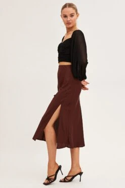 Brown Slip Skirt Midi Front Split Satin -Modern Fashion Shop midi skirt brown slip skirt midi front split satin 33102356086977
