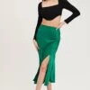 Green Slip Skirt Front Split Satin -Modern Fashion Shop midi skirt green slip skirt front split satin 32966707118273