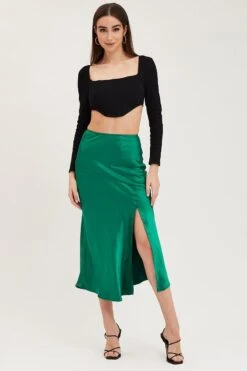 Green Slip Skirt Front Split Satin -Modern Fashion Shop midi skirt green slip skirt front split satin 32966707183809