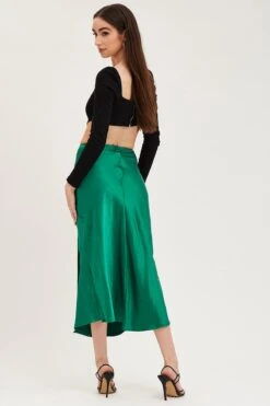 Green Slip Skirt Front Split Satin -Modern Fashion Shop midi skirt green slip skirt front split satin 32966707249345