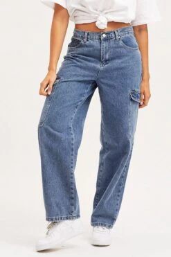 Blue Unisex Cargo Denim Jeans Mid Rise -Modern Fashion Shop mr straight leg jean blue unisex cargo denim jeans mid rise 32967570194625