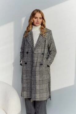 Black Check Belted Coat Knee Length Long Sleeve