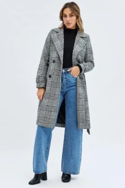 Black Check Belted Coat Knee Length Long Sleeve -Modern Fashion Shop oj1195 66w check 3