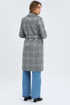 Black Check Belted Coat Knee Length Long Sleeve -Modern Fashion Shop oj1195 66w check 5