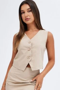 Beige Vest Top Sleeveless V-Neck Button Up Linen Blend -Modern Fashion Shop oj1233x 34w stone 3