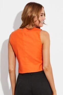 Orange Vest Top Sleeveless V-Neck Button Up Linen Blend -Modern Fashion Shop oj1233x 34wb orange 5