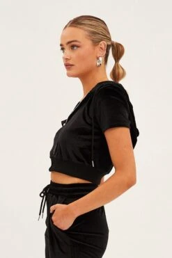 Black Velour Short Sleeve Zip Lounge Hoodie -Modern Fashion Shop oj12900 f3 black 4