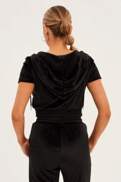 Black Velour Short Sleeve Zip Lounge Hoodie -Modern Fashion Shop oj12900 f3 black 5