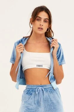 Blue Velour Short Sleeve Zip Lounge Hoodie -Modern Fashion Shop oj12900 f3 blue 3