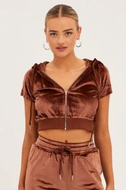 Brown Velour Short Sleeve Zip Lounge Hoodie -Modern Fashion Shop oj12900 f3 chocolate 3