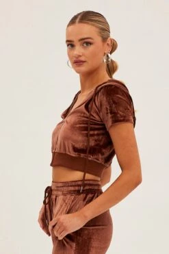 Brown Velour Short Sleeve Zip Lounge Hoodie -Modern Fashion Shop oj12900 f3 chocolate 4